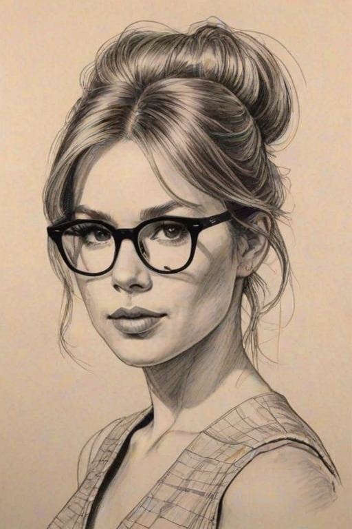 Bewitching Ren'e Zellweger, pencil sketch, portrait of Captivating woman 1967s in glasses, hair style beatnik, outline, clear lines, fine lines, 8k