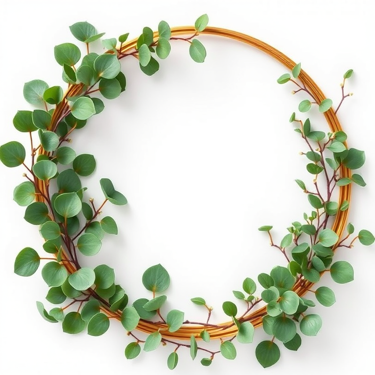 create a lush botanical frame design featuring eucalyptus and greenery on a white background with a gold circular border, high contrast, shot with a Canon EOS R5 at f/4, ISO 100, 50mm lens, natural light to enhance vibrancy and sharpness.