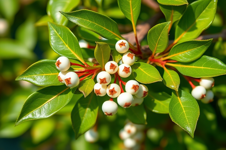 Generate a vibrant close-up image of mistletoe with glossy leaves and white berries in natural daylight, using a 50mm lens, f/2.8 aperture, ISO 100, and focal length of 50mm, in macro photography style.