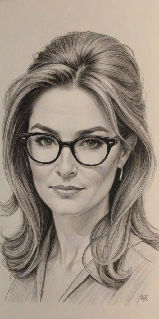 Enticing Peri Gilpin, pencil sketch, portrait of Splendid woman 1966s in glasses, hair style beatnik, outline, clear lines, fine lines, 8k