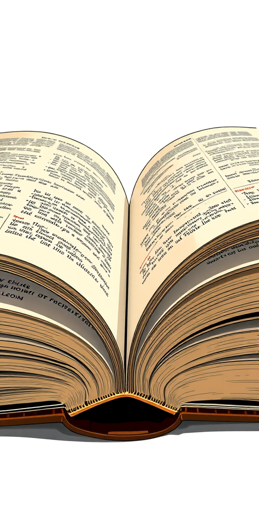 Create a highly detailed illustration of an open book with a focus on the texture of the pages and cover, using a digital camera with a 50mm lens, f/1.8 aperture, ISO 100, capturing at a 45-degree angle for dynamic perspective, in high resolution.