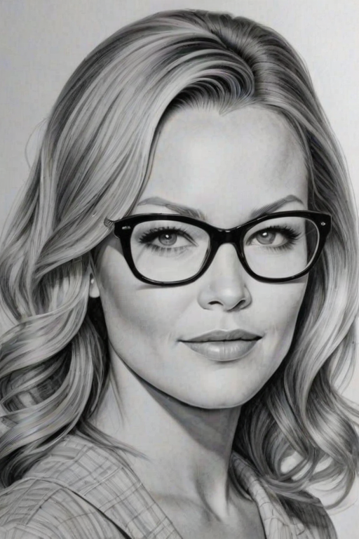 Stunning Becki Newton, pencil sketch, portrait of Wonderful woman 1959s in glasses, hair style beatnik, outline, clear lines, fine lines, 8k