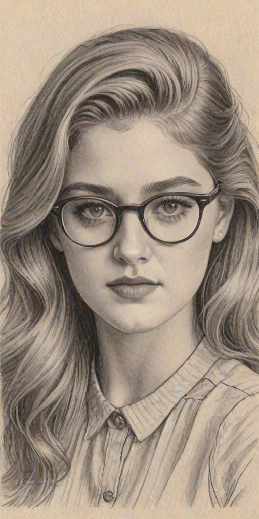 Fetching Willow Shields, pencil sketch, portrait of Bewitching woman 1941s in glasses, hair style beatnik, outline, clear lines, fine lines, 8k