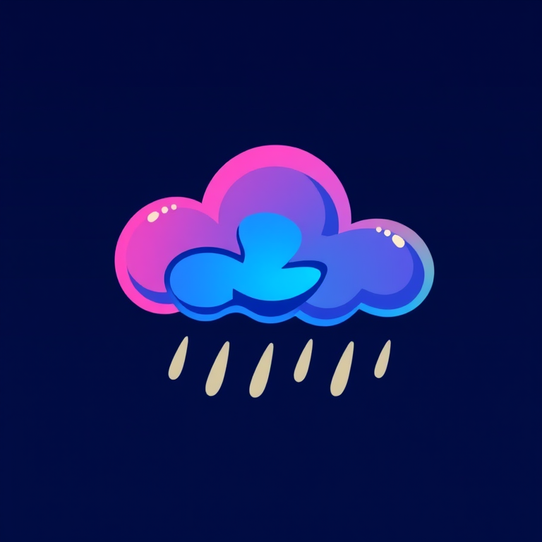Create an illustration of a rain cloud icon with vibrant colors, using a 50mm lens, f/8 aperture, ISO 200, from a frontal view, in a flat design style.