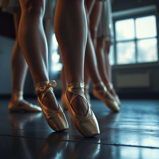 A close-up shot of dancers tying their ballet shoes in a dimly lit studio, focus on the feet and satin pointe shoes, shallow depth of field, aperture f/2.8, ISO 400, shutter speed 1/60s, Canon EOS R5, 85mm lens.