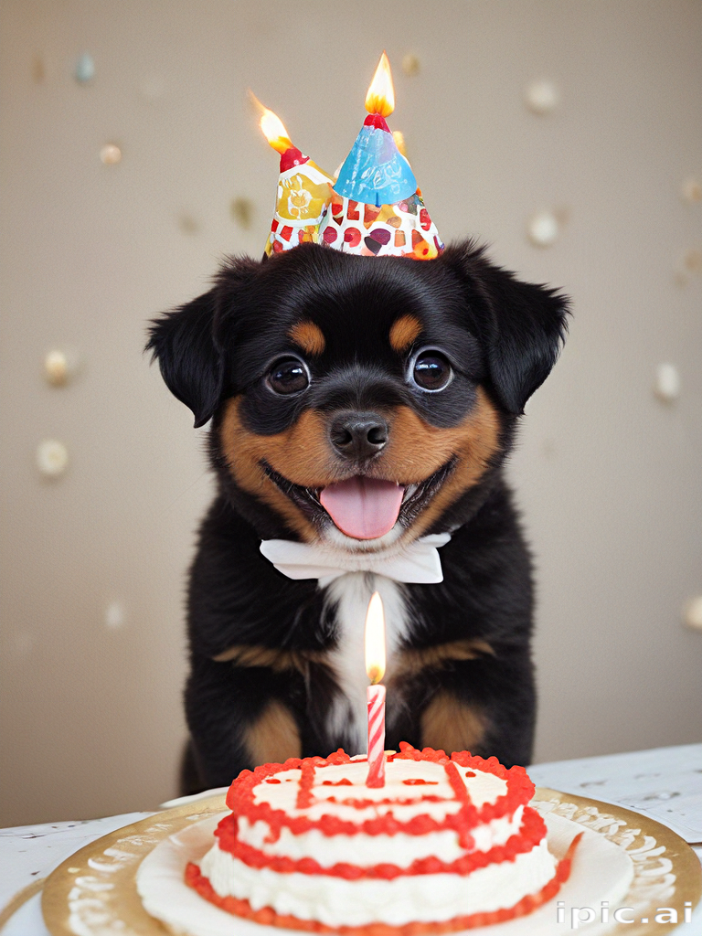 Adorable Puppy Celebrates First Birthday with Cake and Party Hat