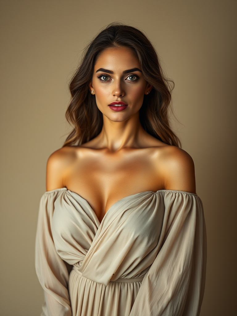 portrait of a woman in a flowing gown with soft lighting and a neutral background, shot with a Canon EOS R5, 50mm lens, aperture f/1.8, ISO 100, soft focus, studio lighting for enhanced texture and color depth