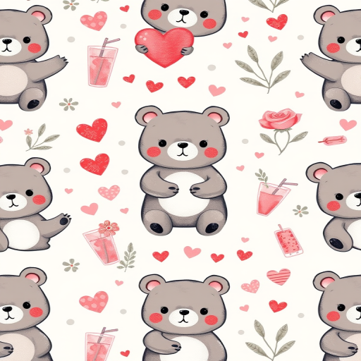 Create a cute and playful pattern featuring cartoon bear shapes in various poses surrounded by whimsical elements like hearts flowers and drinks in soft pastel colors with a glossy texture on a light background