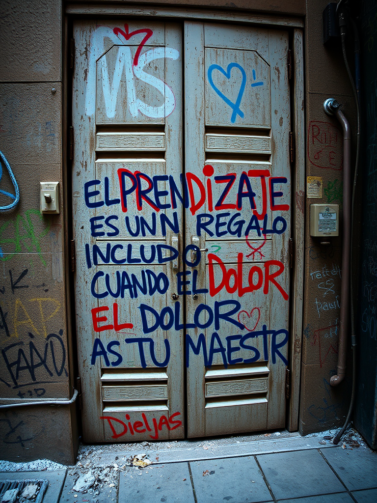 Capture an urban scene of a weathered metallic door covered in colorful graffiti with the text "EL APRENDIZAJE ES UN REGALO INCLUYO CUANDO EL DOLOR AS TU MAESTR," using a DSLR camera at f/8 aperture, ISO 200, 1/125 sec shutter speed, wide-angle lens, and a slightly elevated angle for depth.