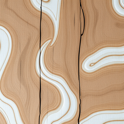 high-resolution render of abstract wooden texture with flowing white shapes, 50mm lens, f/8 aperture, 1/125 shutter speed, ISO 100, overhead view, soft lighting, digital camera