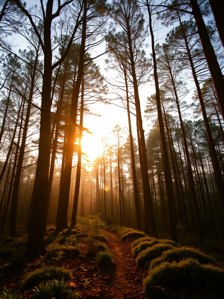 Create a high-resolution image of a serene forest landscape during sunrise with soft golden light filtering through the trees, using a DSLR camera with a 50mm lens, aperture f/1.8, shutter speed 1/100s, ISO 200, capturing a warm and inviting atmosphere from a low angle perspective.