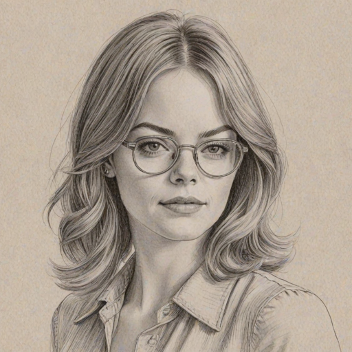 Elegant Emma Stone, pencil sketch, portrait of Attractive woman 1970s in glasses, hair style beatnik, outline, clear lines, fine lines, 8k