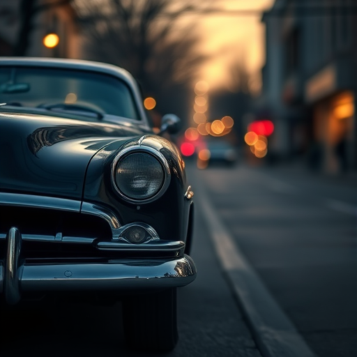 Soft-focus image of a vintage car parked on a quiet street at dusk, soft evening light reflecting off the polished chrome, with distant street lamps and storefronts barely visible through the gentle mist.