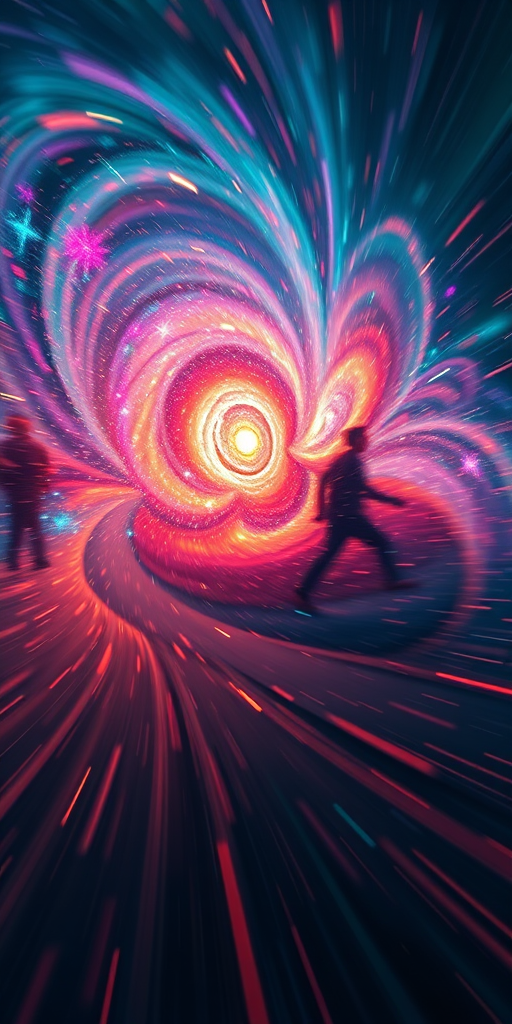 Create an abstract cosmic dance scene featuring swirling galaxies and vibrant colors, captured with a Canon EOS R5, using a 24mm f/1.4 lens, ISO 100, shutter speed 1/60s, and focus on dynamic motion and depth.