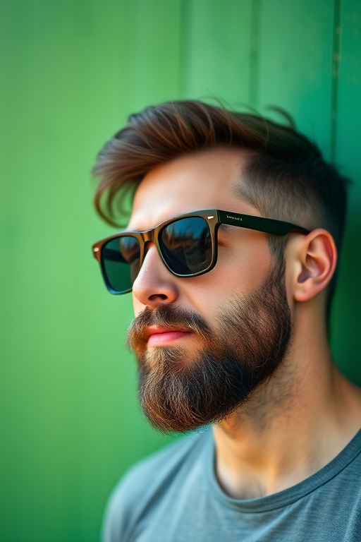 portrait of a man with a beard wearing stylish sunglasses against a vibrant green wall, shallow depth of field, soft natural lighting, 85mm lens, aperture f/1.8, ISO 100, DSLR camera, focus on the face