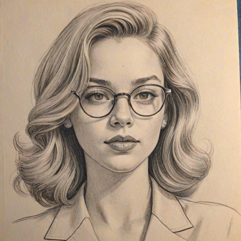 Appealing Sydney Sweeney, pencil sketch, portrait of Captivating woman 1947s in glasses, hair style beatnik, outline, clear lines, fine lines, 8k