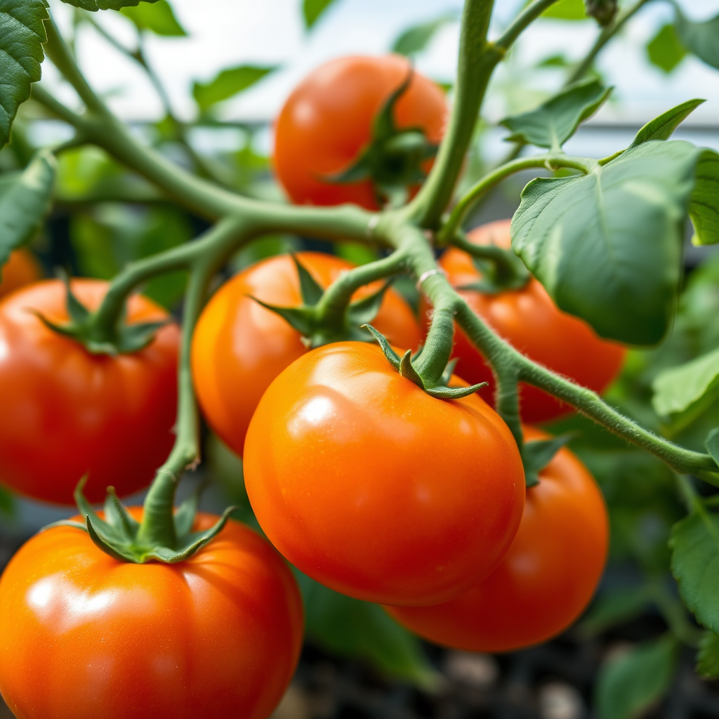 Fresh ripe tomatoes on the vine, overhead shot, natural light, macro lens, f/2.8 aperture, ISO 100, 1/125 sec exposure, high-resolution DSLR camera.