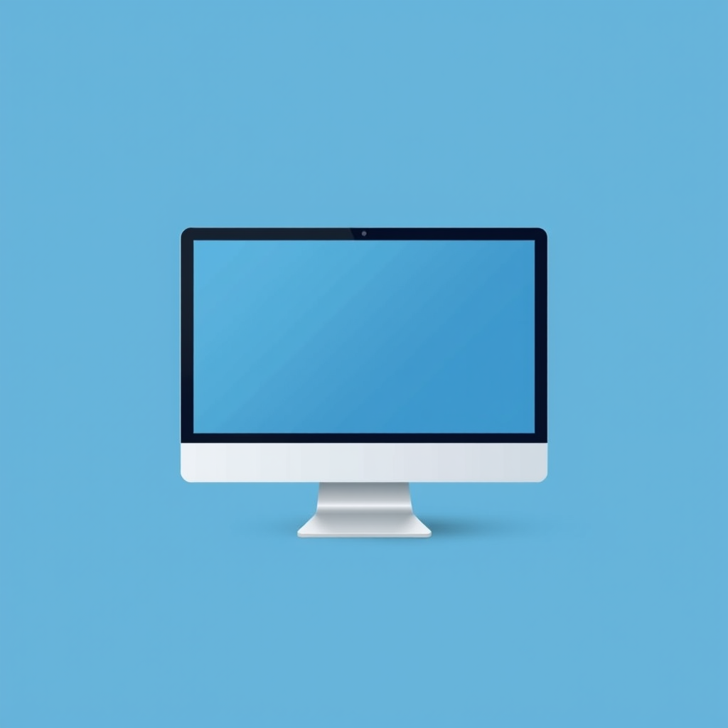 Create a minimalist digital illustration of a computer monitor on a solid blue background, using a 50mm lens, f/2.8 aperture, ISO 100, shot from a frontal view with soft lighting, in a vector graphic style.