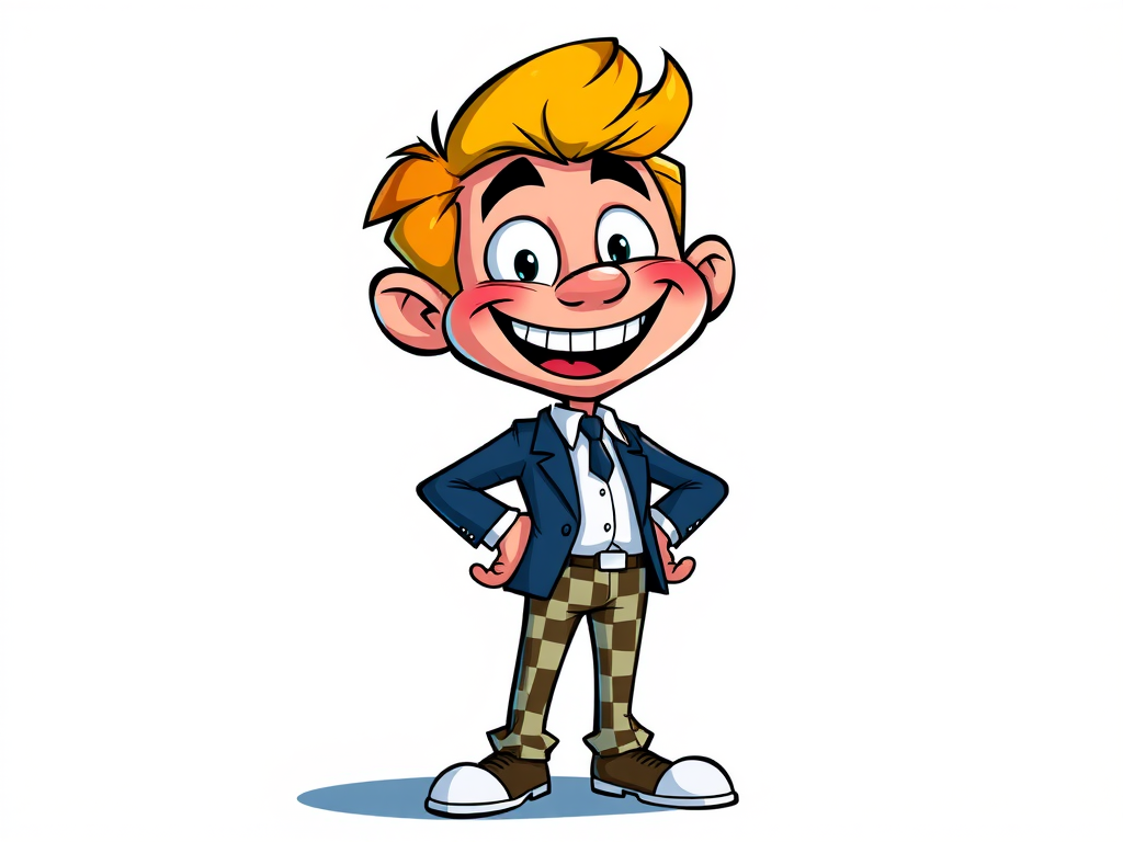 Create a colorful cartoon illustration of a cheerful character with exaggerated features, wearing a suit and checkered pants, standing confidently with hands on hips, captured in a vibrant digital art style, using a 50mm lens, f/8 aperture, and ISO 100 settings.