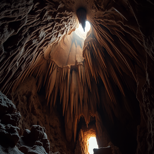 Create a highly detailed image of a stunning cave interior with stalactites and stalagmites, illuminated by soft sunlight filtering through the entrance, using a DSLR camera with a 24mm lens, aperture set to f/8, ISO 100, and a long exposure of 2 seconds, in a wide-angle view to capture the grandeur of the formations.