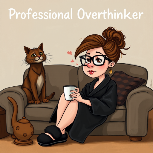 The words ‘Professional Overthinker’ (exact spelling) An exaggerated whimsical illustration of a cute silly lady with unruly messy brown bun and black glasses pouty lips and a thinking expression. Shes sitting on the couch, legs folded wearing a black silk robe, black fuzzy slippers. She’s holding her coffee cup and making a deep-in-thought face.  A quirky scruffy cat (dog) looking at her against a mottled, oil painting style soft background living room setting.