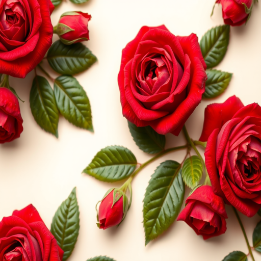 floral pattern of red roses with green leaves on a soft cream background, macro photography, aperture f/2.8, shutter speed 1/125s, ISO 100, DSLR camera