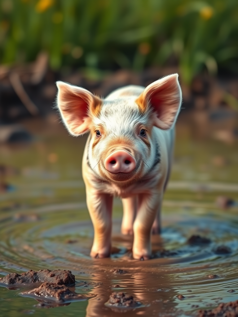 photograph of a cute piglet standing in muddy water, shallow depth of field, soft natural lighting, 50mm lens, aperture f/1.8, ISO 200, 1/200 sec, DSLR camera, with a warm color tone and vibrant greenery in the background