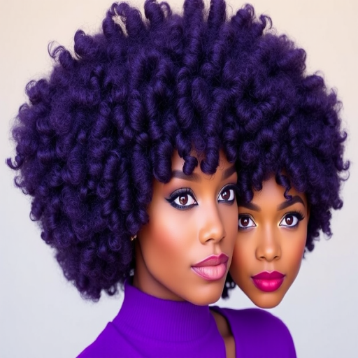 Deep violet hair styled in a voluminous afro called "Royal Crown," boasts a perfectly round shape with defined coils and curls, exuding confidence and regality while celebrating natural texture and beauty