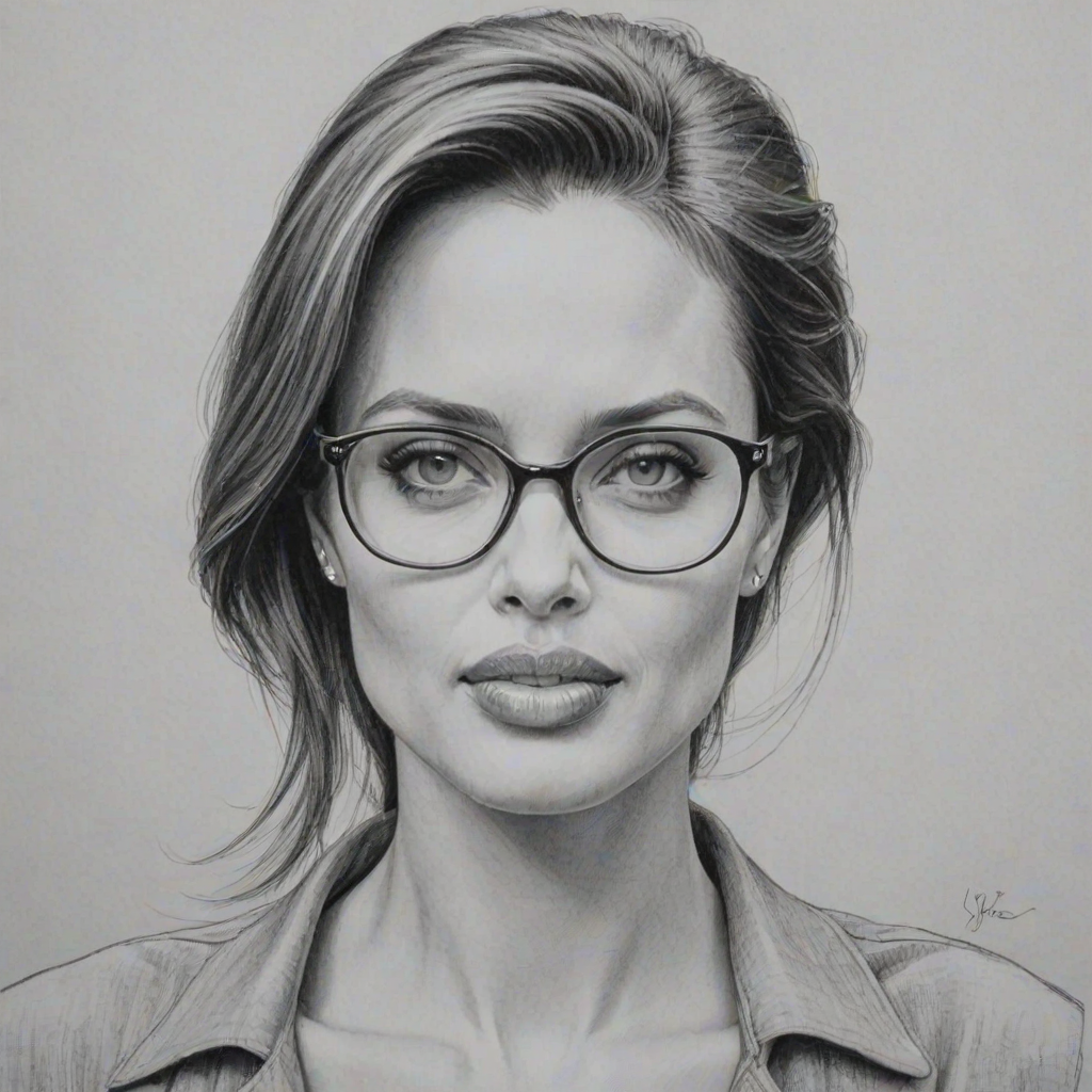 Alluring Angelina Jolie, pencil sketch, portrait of Alluring woman 1955s in glasses, hair style beatnik, outline, clear lines, fine lines, 8k