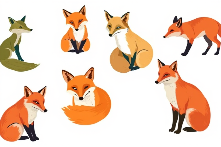 Create a high-resolution image of abstract fox illustrations in various poses and styles, using a Canon EOS R5 camera with a 50mm lens, aperture set to f/1.8, ISO 100, and a shallow depth of field to enhance color vibrancy and detail, with a clean white background.