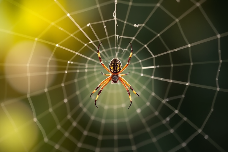 Create a detailed illustration of a spider web with a realistic spider hanging from it, use a macro lens for sharp focus, shoot in natural light for enhanced contrast, and apply a shallow depth of field to highlight the web against a softly blurred background.