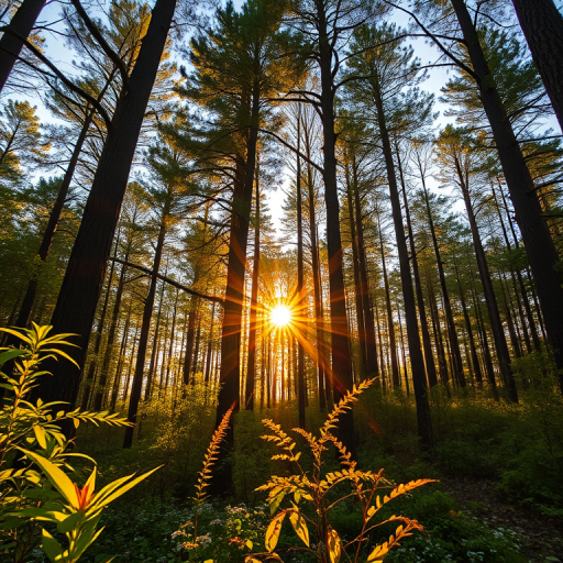 Create a highly detailed image of a serene forest landscape during golden hour with sun rays filtering through the trees, using a Canon EOS R5 camera, aperture set to f/2.8, shutter speed at 1/100 sec, ISO 200, shot from a low angle perspective with a wide-angle lens, emphasizing vibrant colors and intricate textures in the foliage.