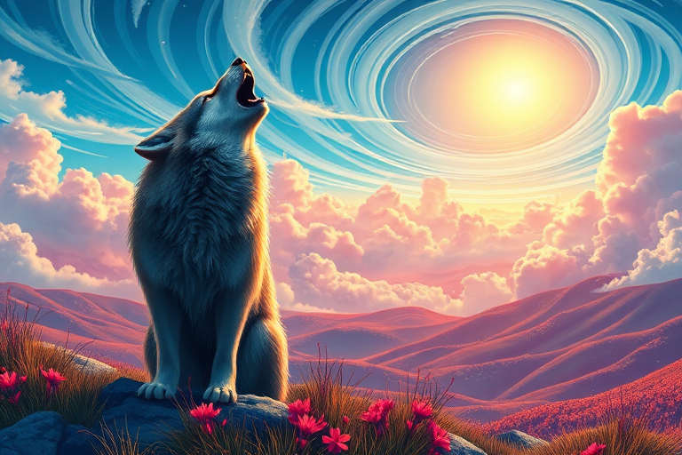 Create an illustration of a howling wolf in a vibrant landscape with swirling clouds and a bright sun, capture the scene with a high-resolution DSLR camera at f/2.8 aperture, 24mm lens, ISO 100, with a wide-angle perspective and vivid colors for enhanced clarity and detail.