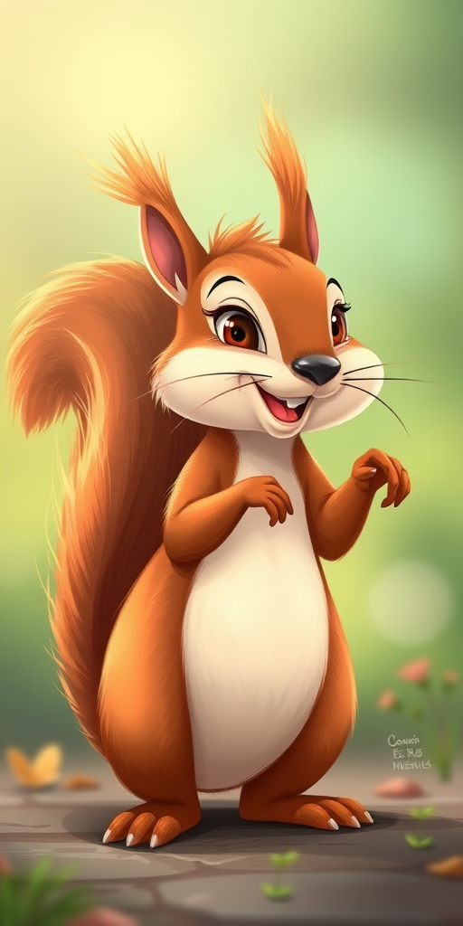 Create an illustration of a cartoon squirrel standing upright, showcasing its bushy tail and playful expression, using a Canon EOS R5 camera with a 50mm lens, aperture f/1.8, ISO 100, 1/250s shutter speed, in a soft-focus style with vibrant colors.