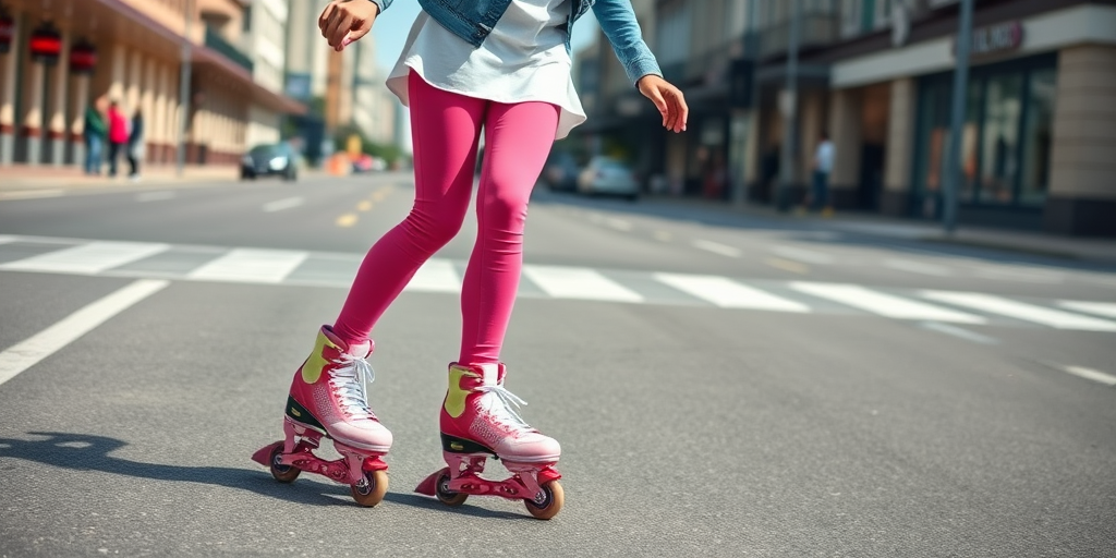 Create an image of a woman rollerblading on a city street, with a focus on her outfit transitioning from white to pink leggings, captured with a 50mm lens, f/2.8 aperture, ISO 100, in bright daylight, from a slightly low angle to emphasize movement and style, using a DSLR camera.
