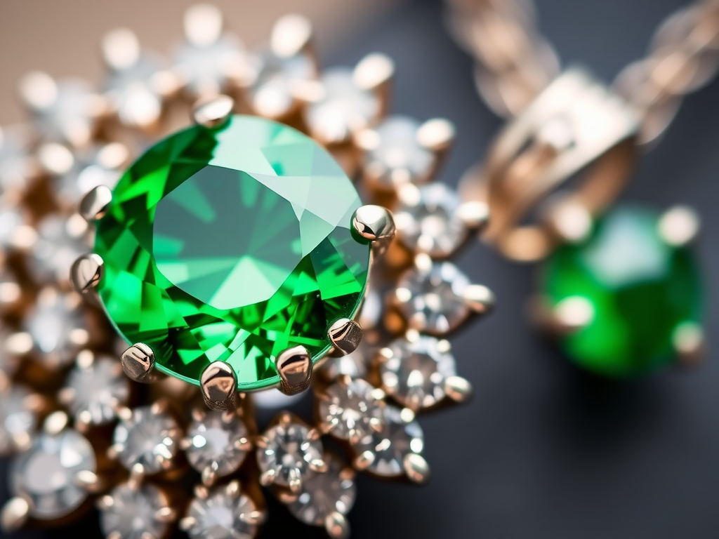 Capture a detailed close-up of a green gemstone pendant surrounded by diamonds, using a DSLR camera with a 50mm lens, aperture set to f/2.8 for shallow depth of field, ISO 100 for minimum noise, and a soft diffused lighting setup to enhance reflections and textures.