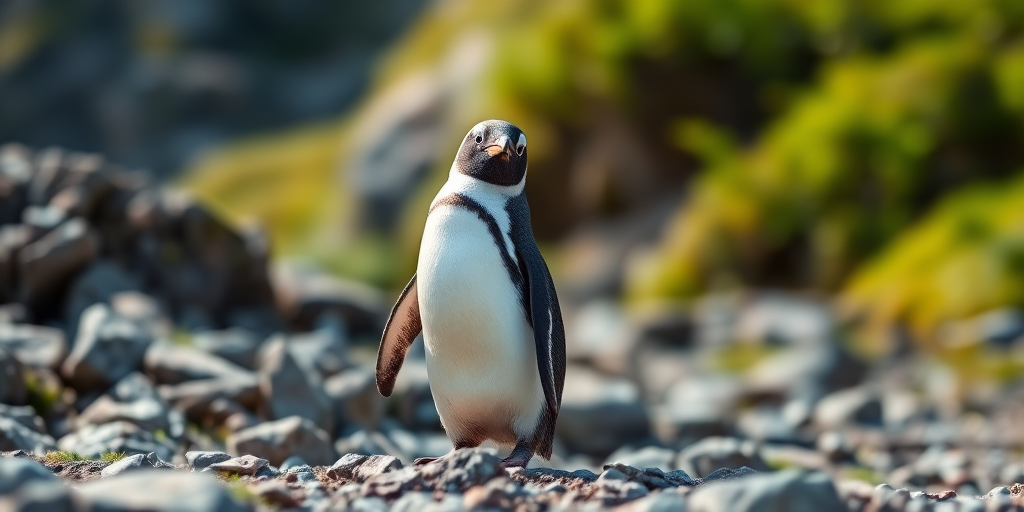 Generate an image of a penguin standing on rocky terrain with lush greenery in the background, captured with a DSLR camera, 50mm lens, aperture f/2.8, ISO 200, shutter speed 1/500s, in natural lighting, with a shallow depth of field for a soft bokeh effect.
