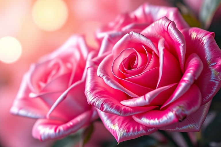 high-quality close-up of iridescent roses with a magical glowing background, soft focus, f/2.8 aperture, 50mm lens, ISO 100, natural lighting, DSLR camera