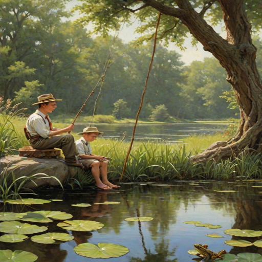 Imagine a small group of old fashioned young boys out fishing by the creek, a swing hanging from a tree branch, reeds and grasses by the water's edge, a frog sitting on a lily pad, dragonflies hovering over som water plans, a very iconic old fashioned scene reminiscent of a Norman Rockwell painting style