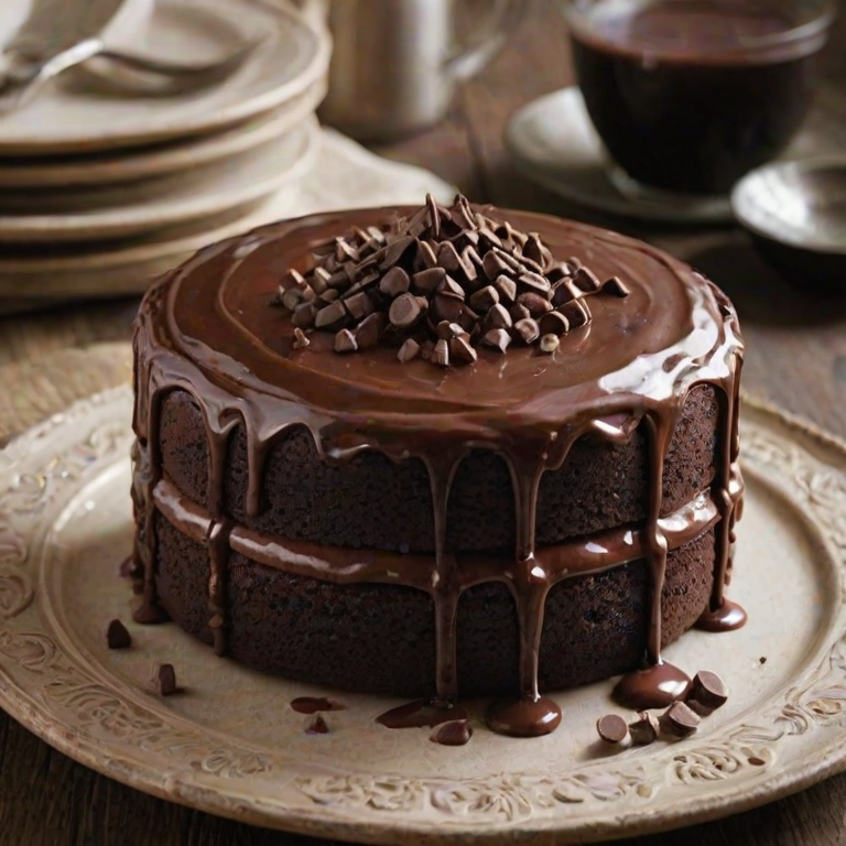 Create an image of a rich chocolate cake with multiple layers, beautifully frosted with glossy chocolate icing. The cake should have a slice cut out to reveal its moist interior, and it should be garnished with chocolate shavings scattered on top and around the base. The setting should have a rustic wooden table and soft lighting to enhance the cake's appeal.
