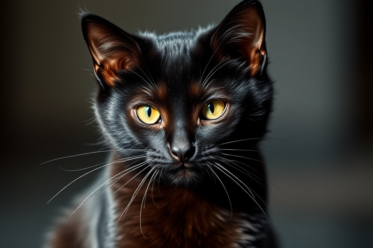 Generate a high-resolution image of a stylized black cat with a playful pose, shot using a DSLR camera at f/2.8 aperture, ISO 100, 50mm lens, with natural lighting from the left, focusing on the vibrant eyes and sleek fur.