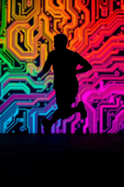 Generate an abstract image of a silhouette running against a backdrop of colorful circuit board patterns with a dark gradient, using a DSLR camera, 50mm lens, f/1.8 aperture, ISO 200, and a wide-angle perspective to enhance clarity and depth.