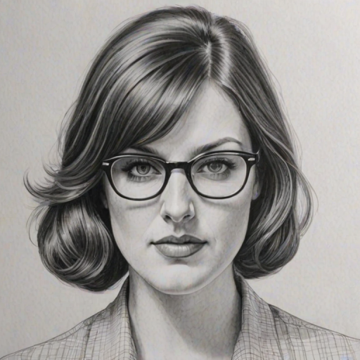 Gorgeous Allison Tolman, pencil sketch, portrait of Fetching woman 1961s in glasses, hair style beatnik, outline, clear lines, fine lines, 8k