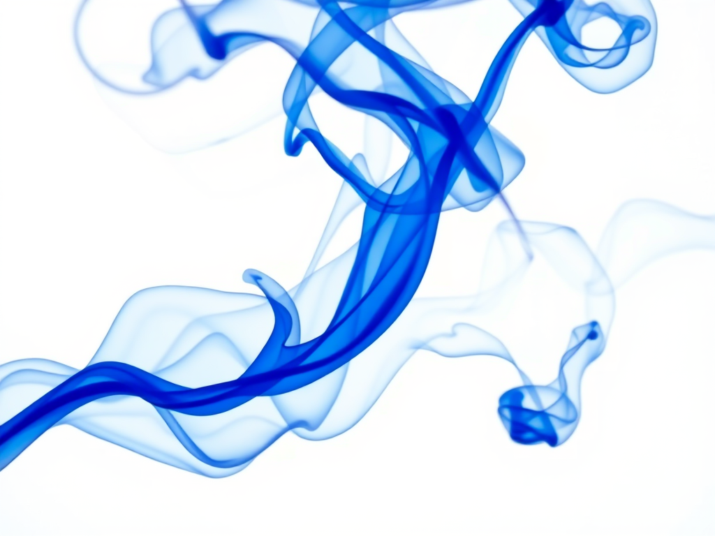 generate an abstract image of flowing blue smoke on a white background with soft lighting, using a DSLR camera with a 50mm f/1.8 lens, aperture set at f/2.8, shutter speed at 1/100, ISO 100, captured in macro view to enhance detail and texture