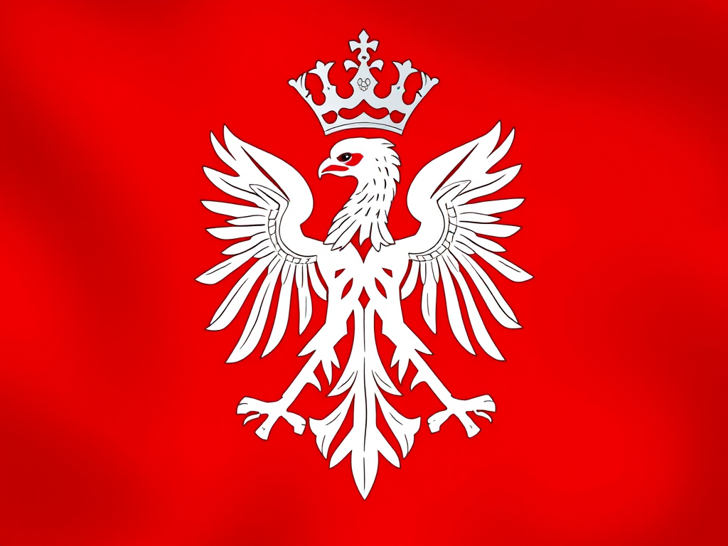 Create a high-resolution digital illustration of the Polish coat of arms featuring a white eagle with a crown, set against a vibrant red background, using a DSLR camera with a 50mm lens, f/1.8 aperture, 1/100 sec shutter speed, and a shallow depth of field for enhanced detail and clarity.