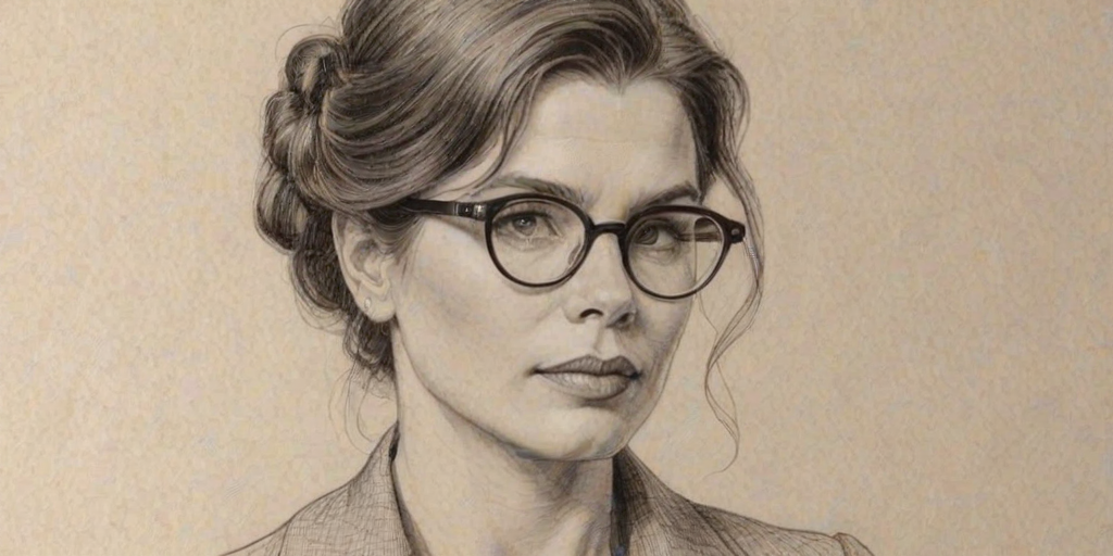 Superb Julia Ormond, pencil sketch, portrait of Magnificent woman 1921s in glasses, hair style beatnik, outline, clear lines, fine lines, 8k