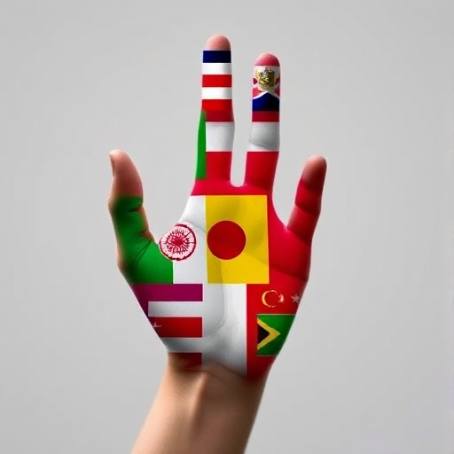 Create an artistic hand silhouette filled with the flags of various countries, captured with a DSLR camera at f/5.6 aperture, ISO 100, 24mm focal length, and soft natural lighting, ensuring vibrant colors and clear details.
