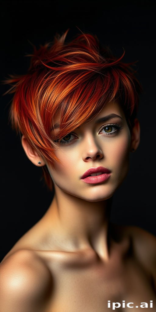 Dramatic shot of a model with Flame Fusion hair, a bold mix of reds and oranges in a short, spiky pixie cut with longer pieces framing the face
