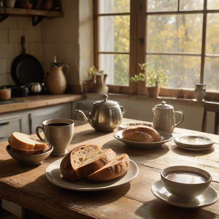 Warmly lit photo of a rustic kitchen table set for breakfast, soft natural light from a nearby window illuminating fresh bread, butter, and a steaming pot of coffee.