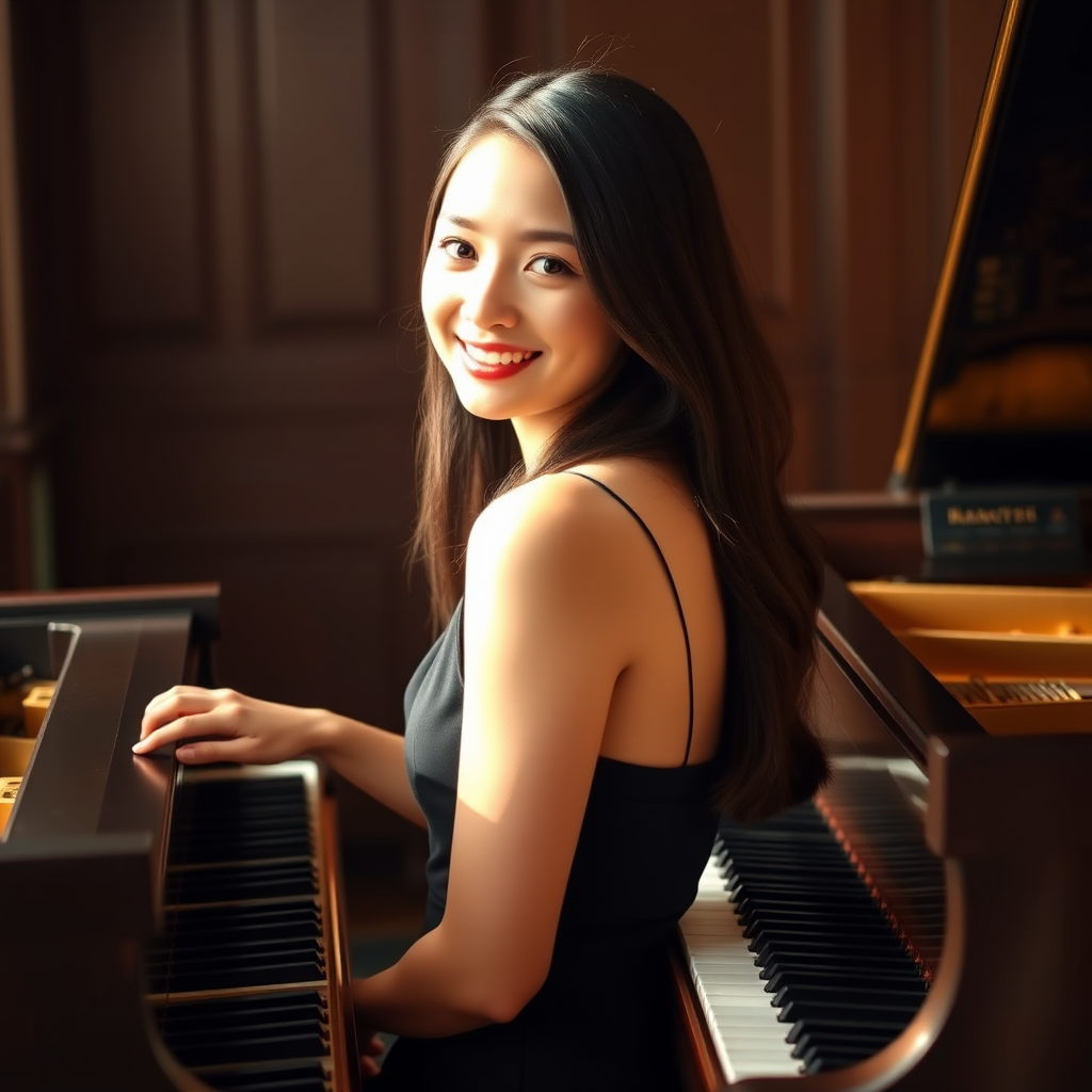 A young woman with long, dark hair smiles at the viewer as she sits at a grand piano, her right hand poised over the keys. The scene is lit by warm, natural light, highlighting the elegant simplicity of the woman's black dress. The perspective is from the side, emphasizing the contrast between the woman's delicate form and the grand scale of the piano. The ivory keys and dark wood of the piano create a striking visual contrast, further emphasized by the rich black of her dress.